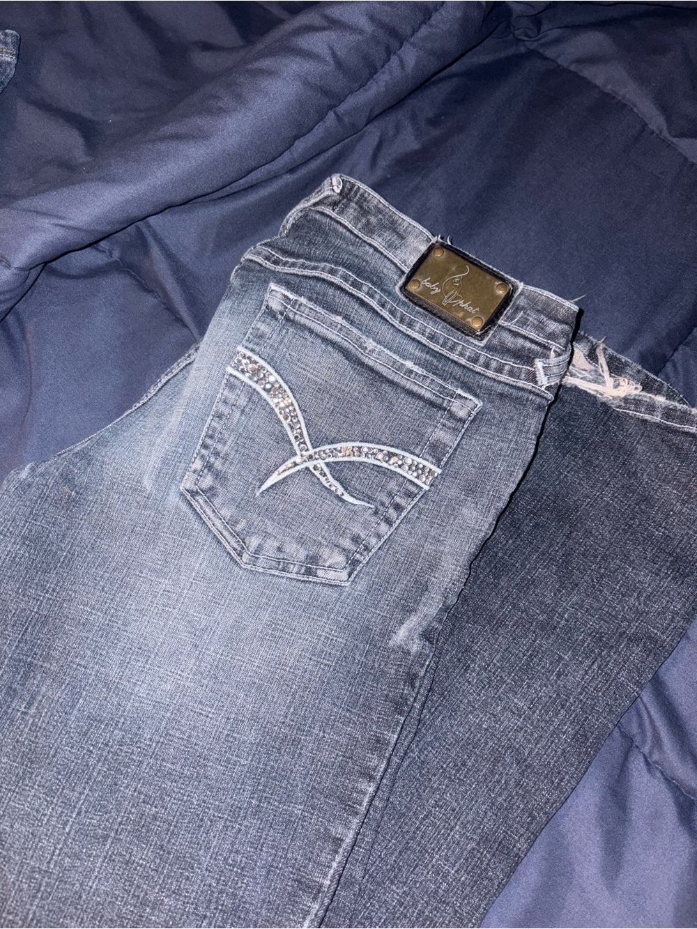 Baby Phat Women's Washed Blue Straight Leg Jeans with Rhinestone Pocket